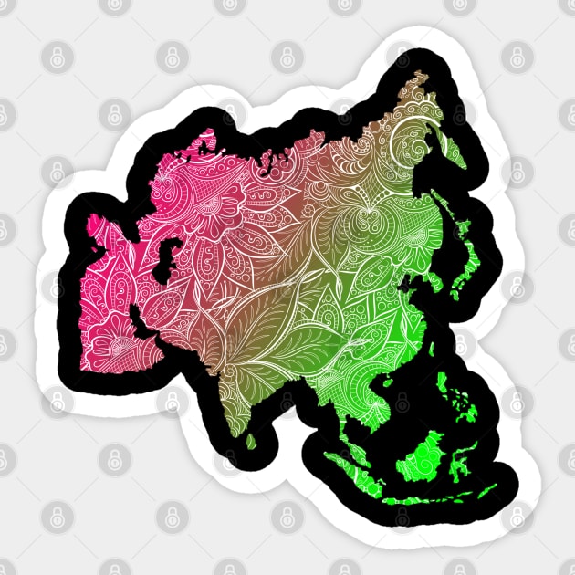 Colorful mandala art map of Asia with text in pink and green Sticker by Happy Citizen